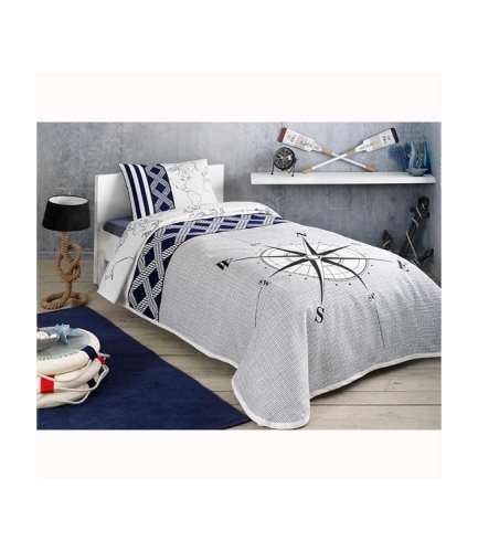 Комплект постельного белья с пике Tac Navi V01 lacivert евро синий